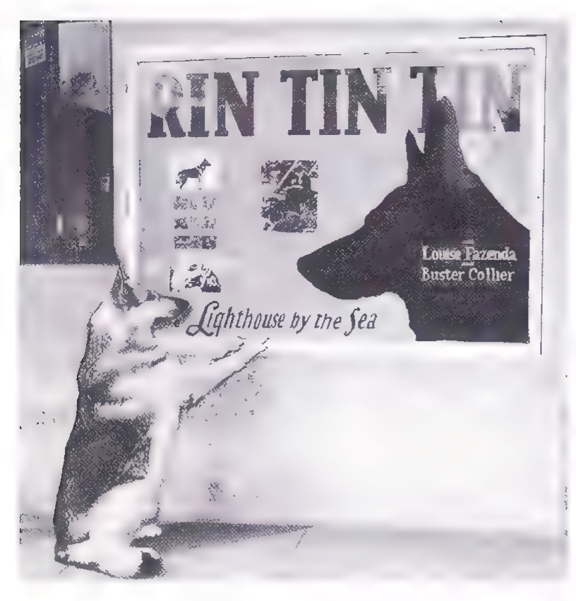 Black-and-white photograph of a dog standing on its hind legs in front of a theater poster for “Rin Tin Tin” in “Lighthouse by the Sea.”