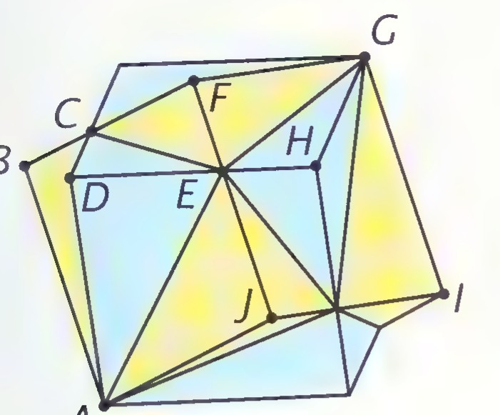 Two intersecting cubes drawn as transparent wire frames, with vertices labeled A through J.
