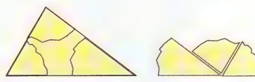 A yellow triangle with its three corners cut off, and the three corners arranged side by side to form a straight angle.
