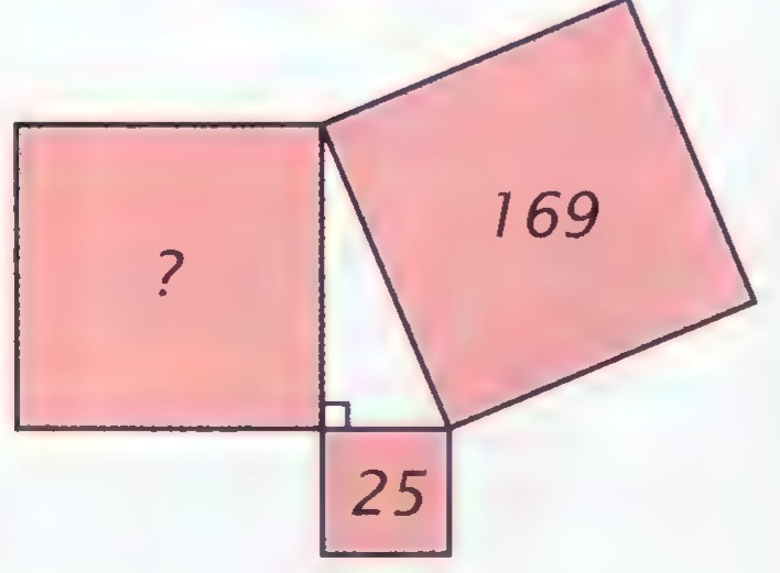 A right triangle with squares on its sides labeled ?, 169, and 25.