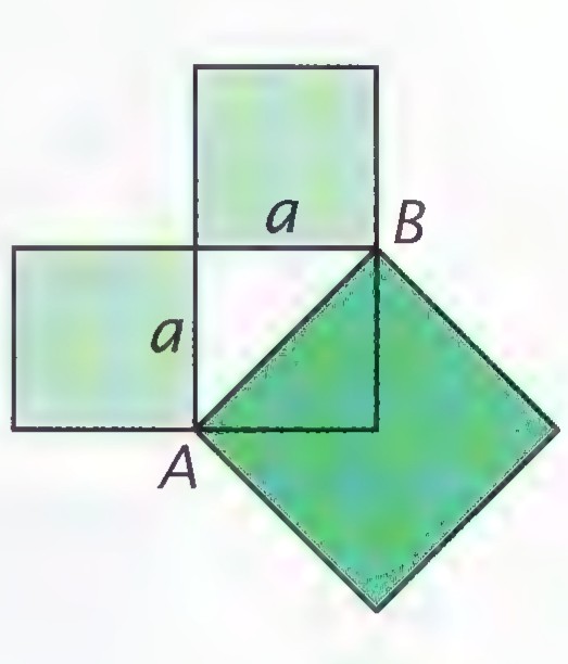 Two light-green squares of side a meeting at point B, with a dark-green square drawn on the diagonal from A to B.