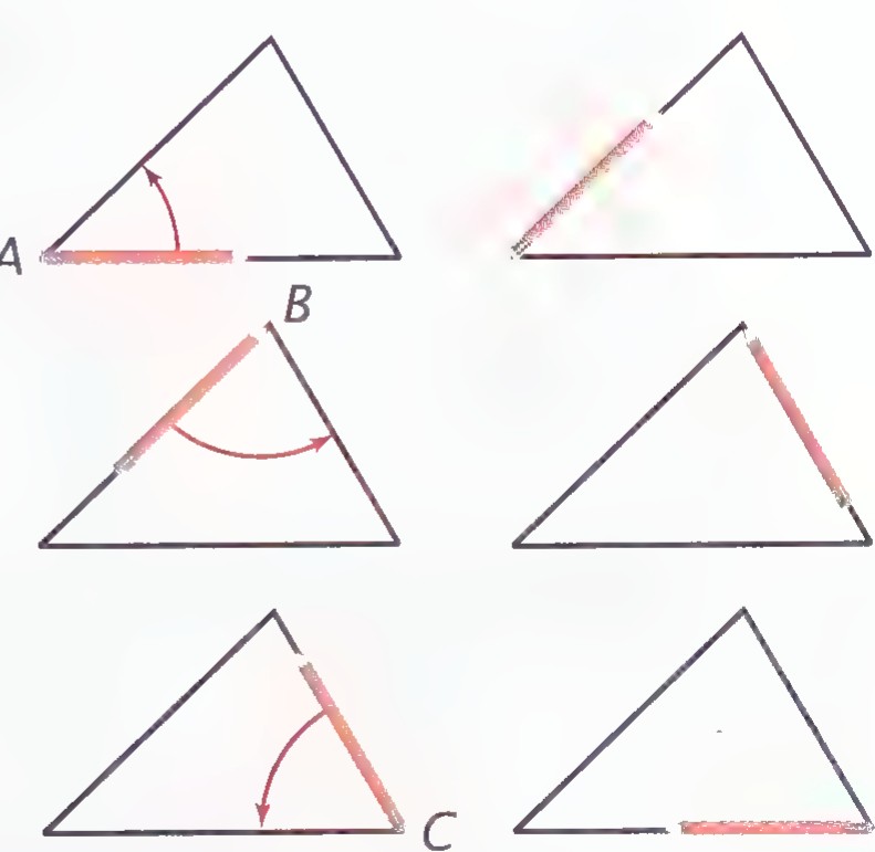 Six triangles showing a pencil being pivoted successively about angles A, B, and C, ending up pointing in the opposite direction.