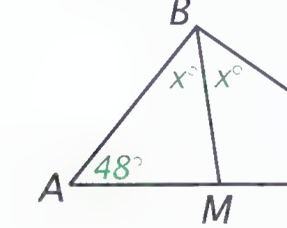 Triangle ABC with point M on side AC; angle A is marked 48°, angle C is marked 32°, and the two angles at B are each marked x.