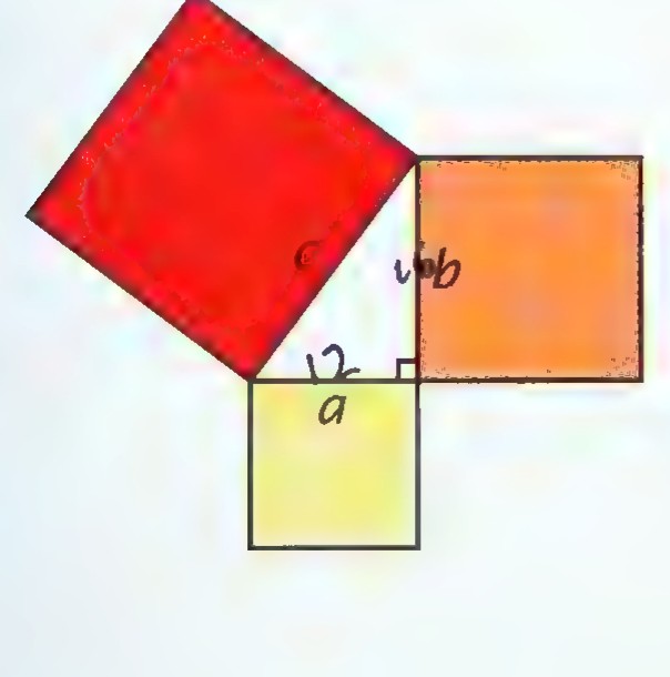 A right triangle with a red square on the hypotenuse and an orange and a yellow square on the legs, labeled a, b, and c.