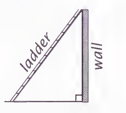 A ladder leaning against a wall, forming a right triangle with the wall and the ground.