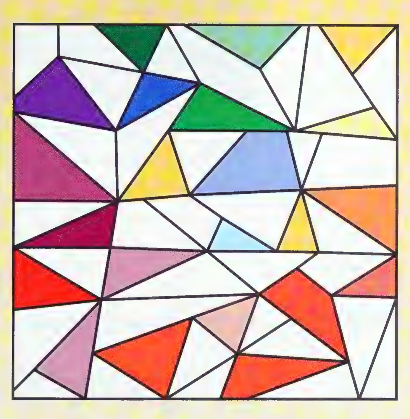 A mosaic of brightly colored triangles in red, blue, green, purple, and orange scattered across a square grid of white shapes.