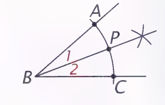 Angle ABC with an arc and compass marks showing its bisector BP; angles 1 and 2 are marked.