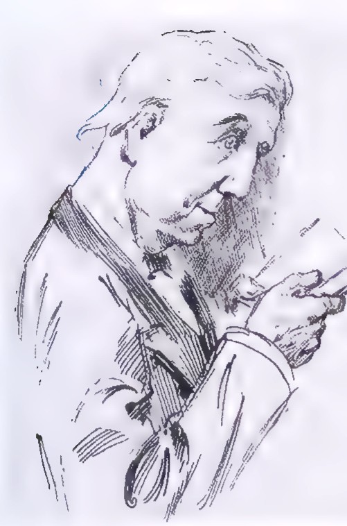 A pen-and-ink portrait of Lewis Carroll, bearded and looking down at a small book in his hands.