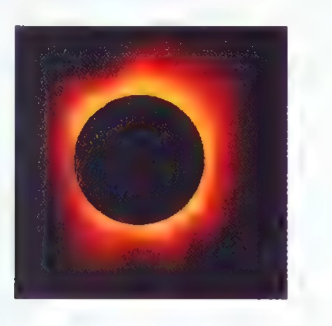 A photograph of a total solar eclipse, the black moon surrounded by the sun’s glowing corona.