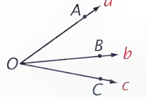Rays OA, OB, and OC with the common endpoint O, whose coordinates are labeled a, b, and c.