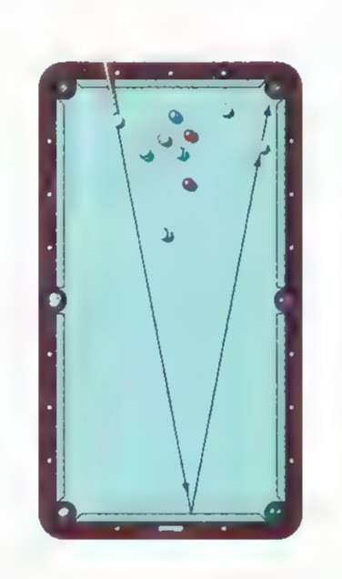 An overhead photograph of a pool table with a cue ball near the bottom cushion and the 1-ball near the corner pocket.