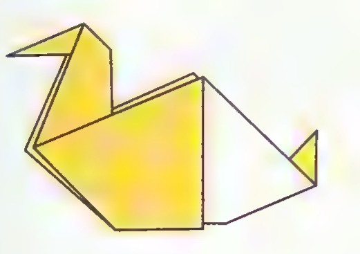 A yellow origami duck folded from paper, with black lines showing the folds.