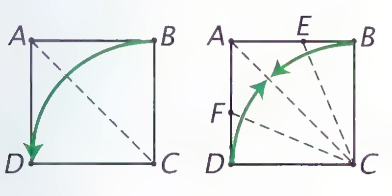 Two square diagrams: at the left, corner B is folded onto D along the diagonal AC; at the right, sides BC and DC are folded onto AC, with points E and F marked.