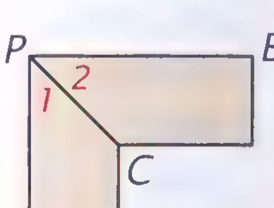 A diagram of a miter joint with points P, A, B, and C, the angles 1 and 2 marked at P.