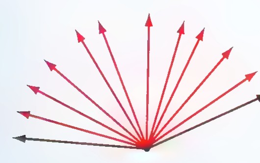 An obtuse angle with a fan of red rays drawn between its sides.