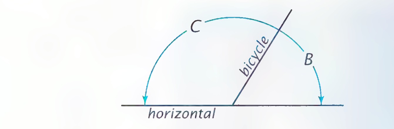 A bicycle leaning to the right on a horizontal line, with ∠B measured from the horizontal to the bicycle and ∠C marked between the bicycle and the horizontal on the other side.