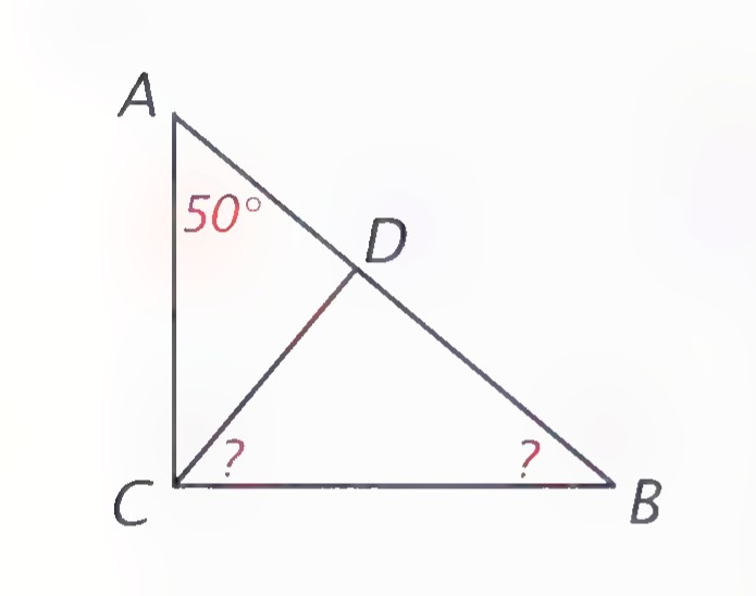 A right triangle ABC with a segment CD drawn from the right angle C to the hypotenuse, ∠A marked 50° and two angles at C and B marked with question marks.