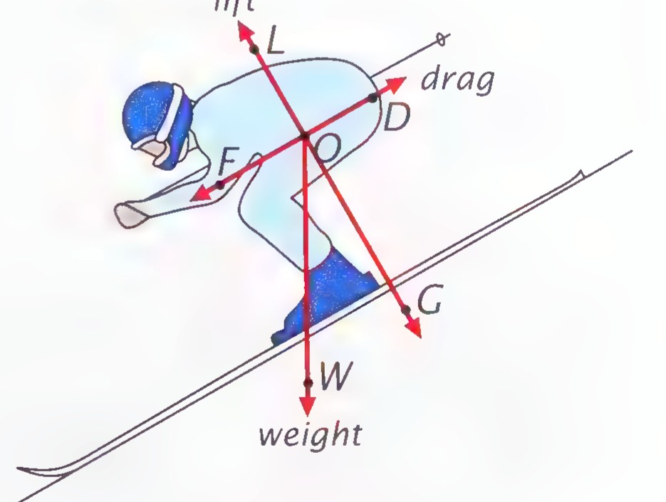 A skier on a slope, with arrows for lift, drag, and weight radiating from point O and the points D, G, W, F, and L marked.