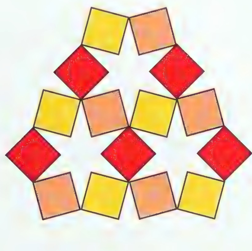 A pattern of fifteen yellow and orange squares and red diamonds arranged to form three five-pointed stars.
