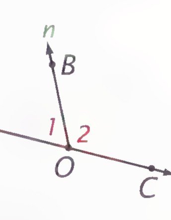 Rays OA, OB, and OC with coordinates 0, n, and 180, angles 1 and 2 marked at O.