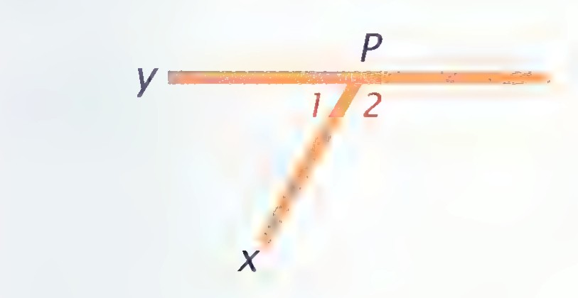 Two roads crossing at P, one labeled Y horizontally and one labeled X at a steep angle, with angles 1 and 2 marked.