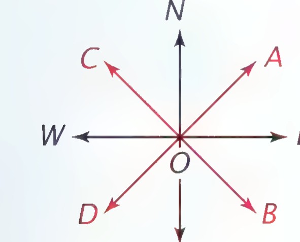 Compass directions N, E, S, W from O, with red rays OA, OB, OC, and OD between them.