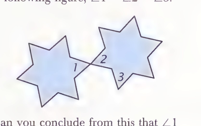 Two five-pointed stars touching at a point, with angles 1, 2, and 3 marked where their points meet.