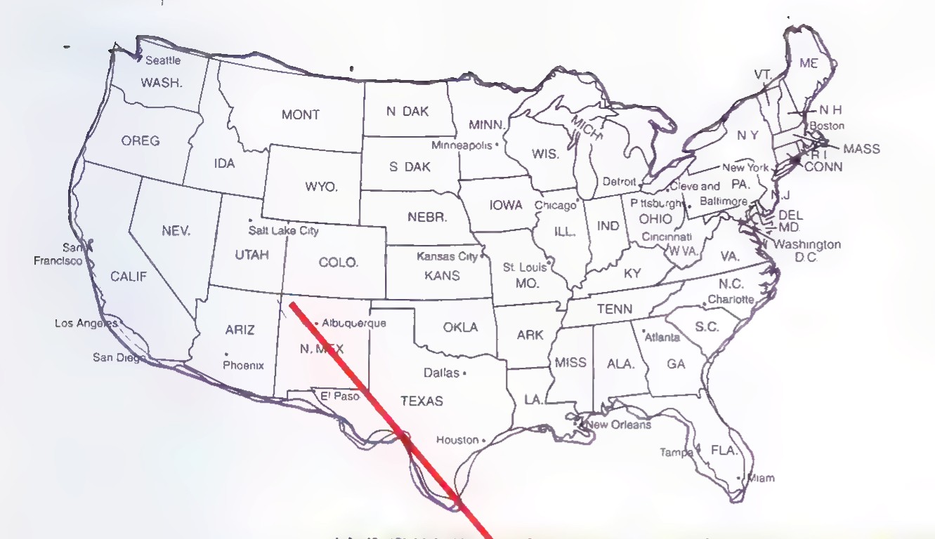A map of the United States with state borders and major cities, and a red line running southwest from New Mexico.