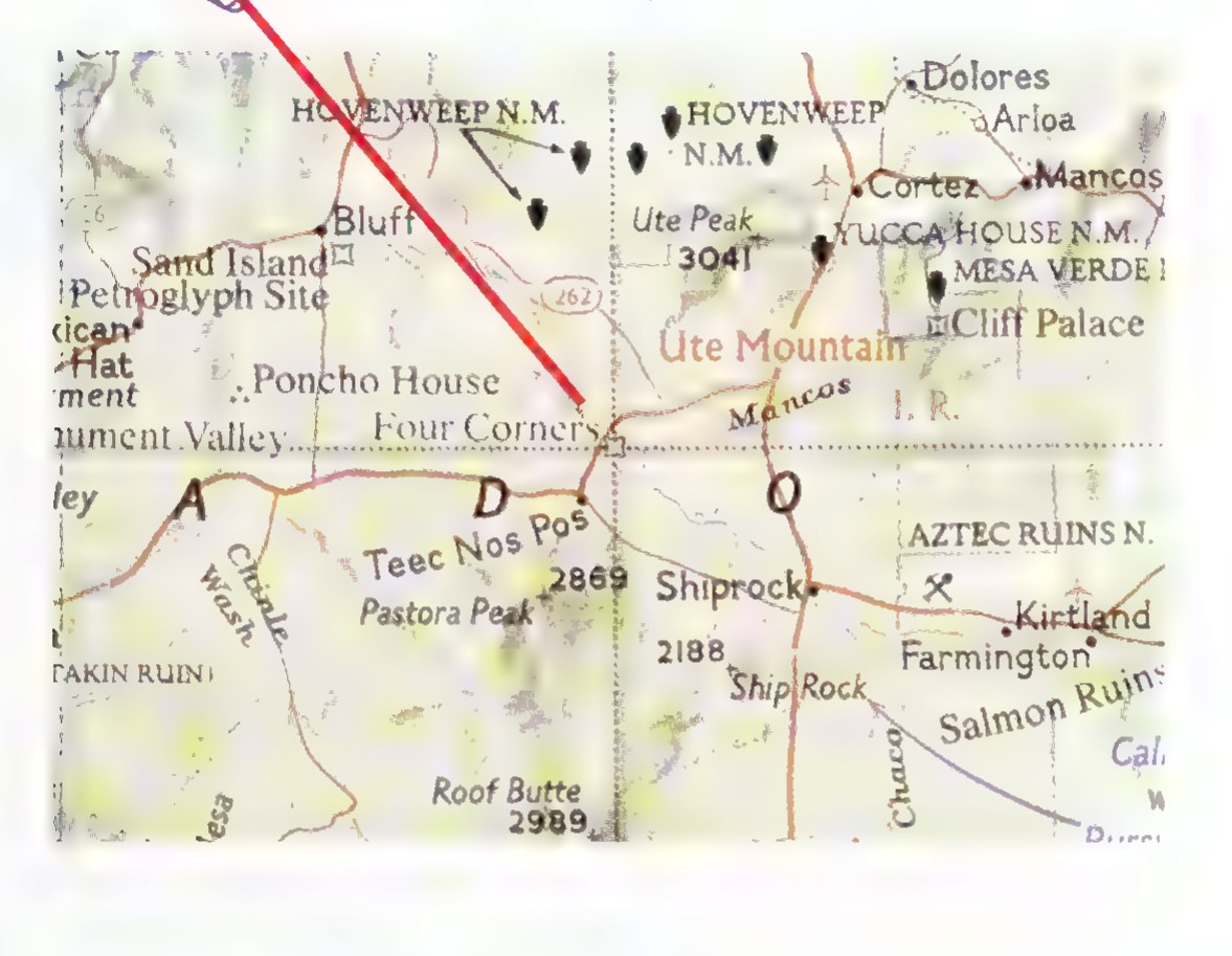 A detail map of the Four Corners region, showing the point where Utah, Colorado, Arizona, and New Mexico meet, with local place names and two points labeled A and D.