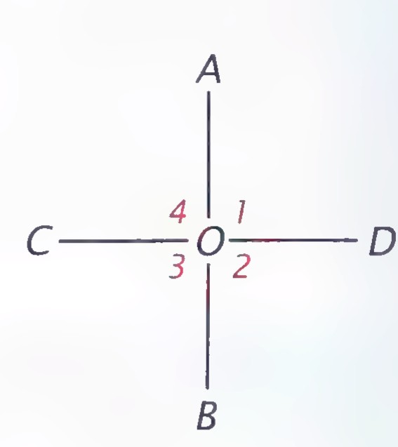 Two lines AB and CD crossing at O, with four angles numbered 1 through 4.