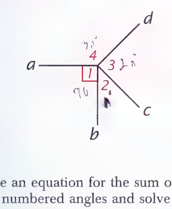 Two perpendicular lines a and b crossing, with four numbered angles, a right-angle square, and the measures n°, 2n°, and 3n° marked.