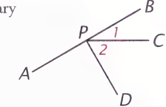 Rays PB, PC, and PD from P, with angles 1 and 2 marked between PA and PC, and a ray PA drawn at the left.