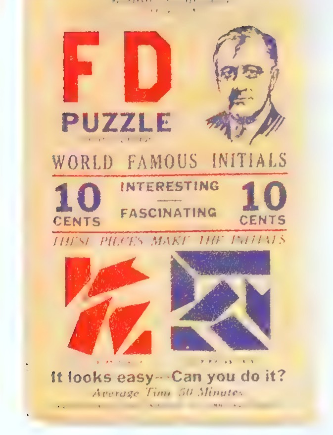 The cover of an old “F D Puzzle” card, showing a portrait of Franklin D. Roosevelt and the words “World Famous Initials,” with two small diagrams of the assembled initials.