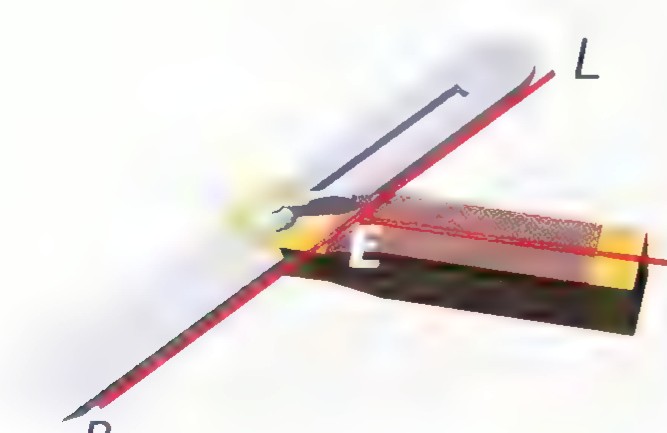 A photograph of a sliding bevel, its wooden handle along BV and its metal blade along EL, with the angle between them marked.