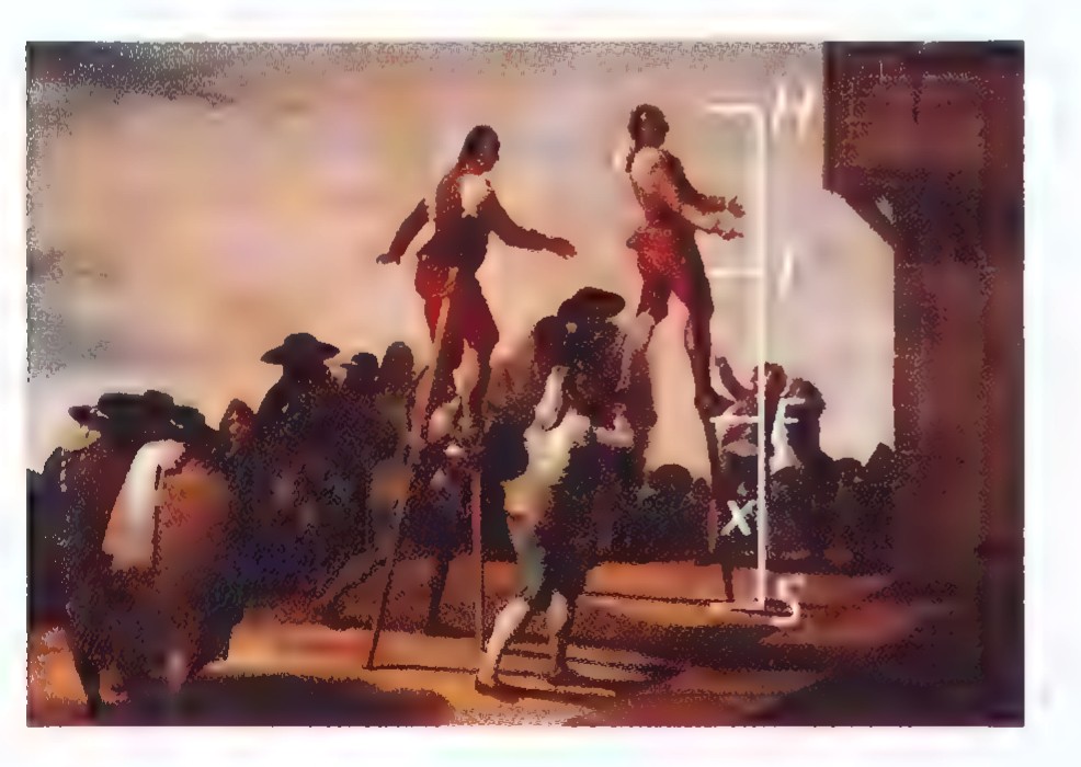 A painting of two stilt walkers in red costumes performing before a crowd, with the height of the stilts and the clearance x marked.