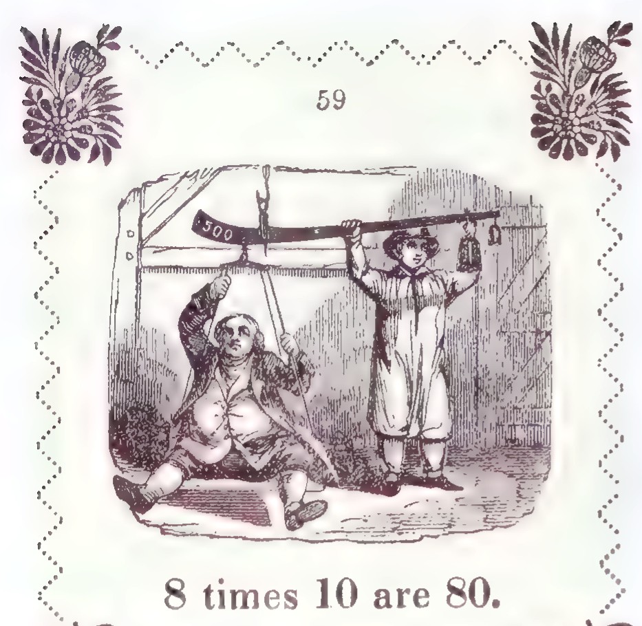 A page from an old children’s book: an engraving of two men lifting a heavy weight, with the rhyme “8 times 10 are 80. I think he’s pretty weighty.”