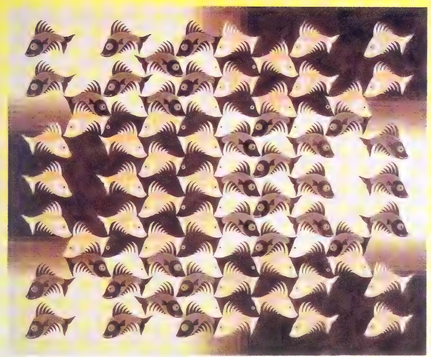 Design drawing for intarsia wood panels with fish, the fish interlocking in blue, green, and yellow.