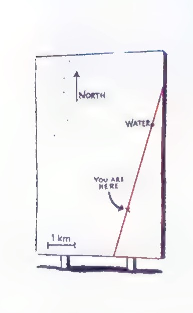 A small map showing a road forking, with a highway marker.