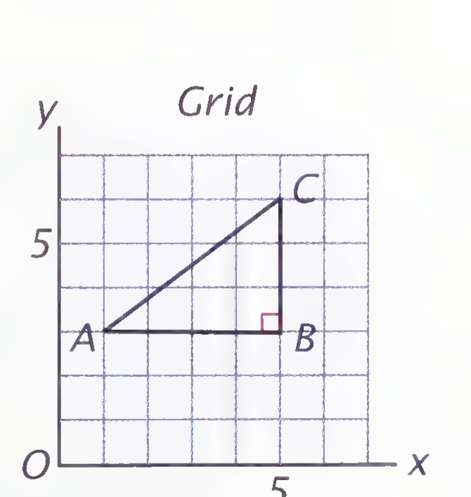 Right triangle ABC on a unit grid, with A at (1, 3), B at (5, 3), and C at (5, 6).