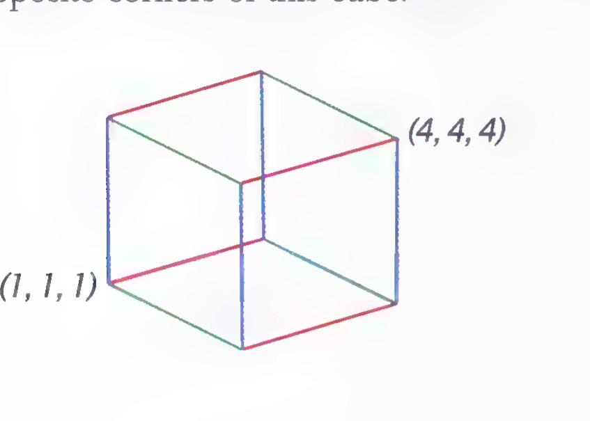 A cube on a three-dimensional coordinate system with opposite corners at (1, 1, 1) and (4, 4, 4).