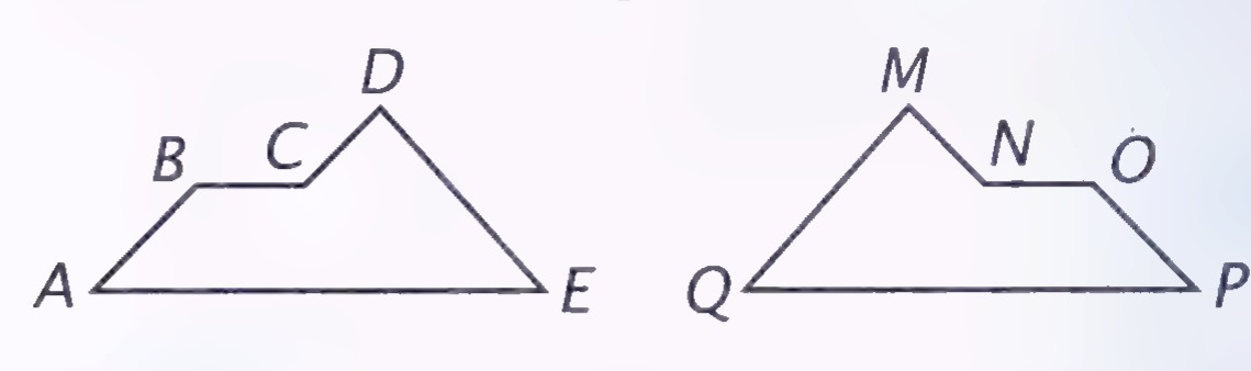Two congruent roof-shaped polygons, ABCDE and MNOPQ, with corresponding vertices matching.