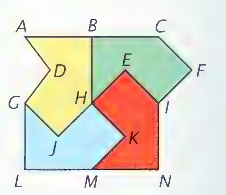 A figure made of four colored polygons—yellow, green, blue, and red—arranged around a point, with vertices labeled A through N.