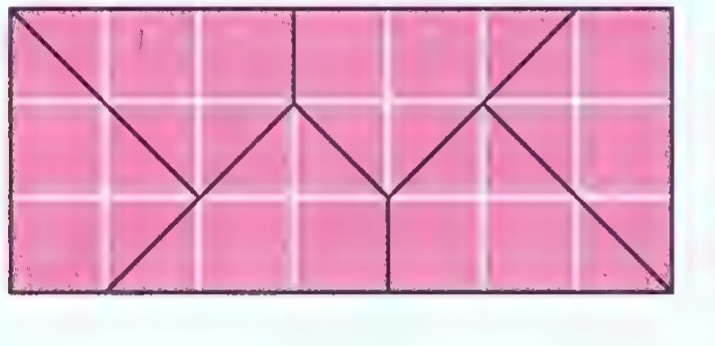 A pink 3-by-7 rectangle divided by diagonals and a central line into six congruent pieces.