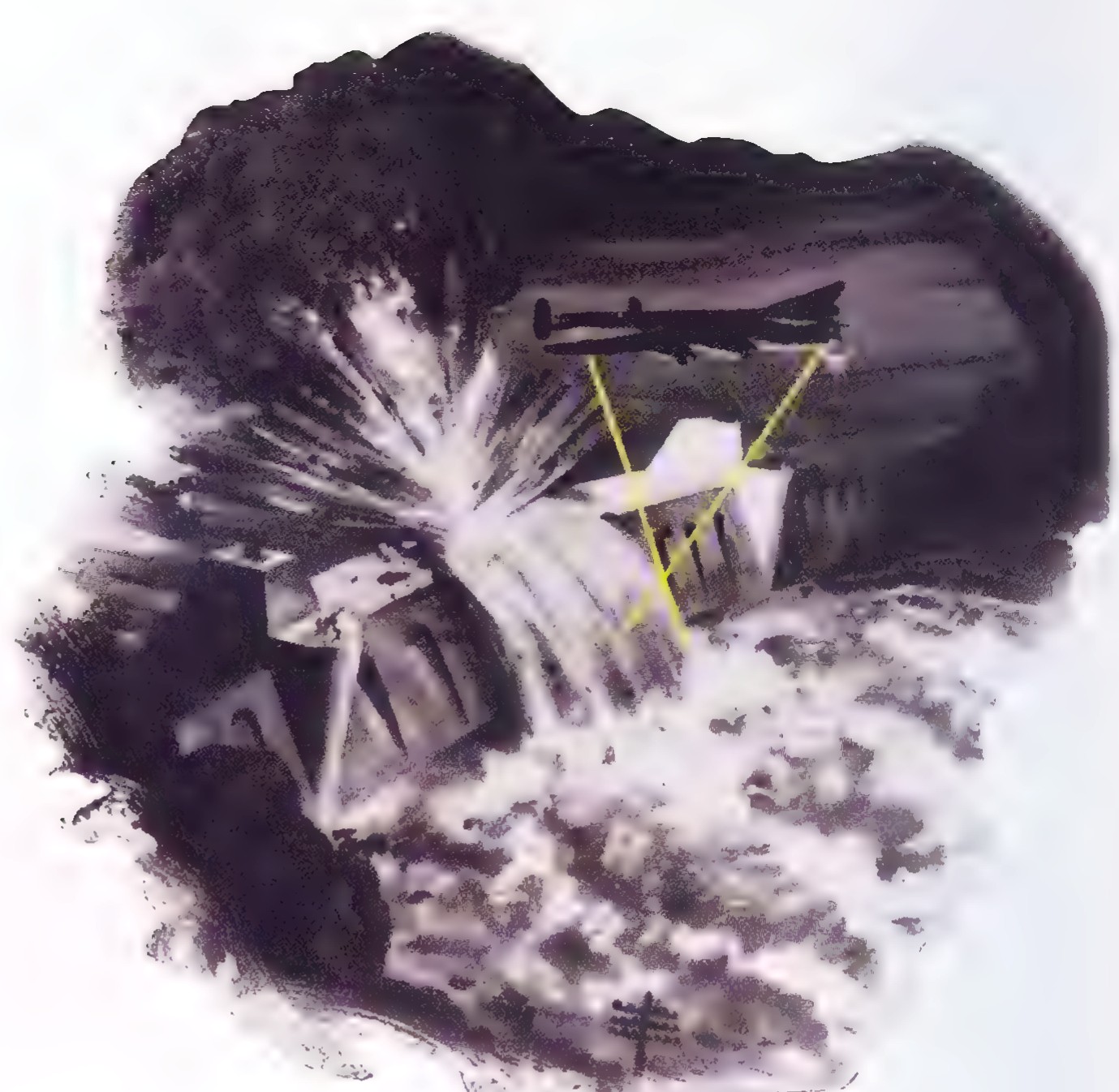 Aerial photograph of a dam being bombed in World War II, with a tall plume of water rising beside it.