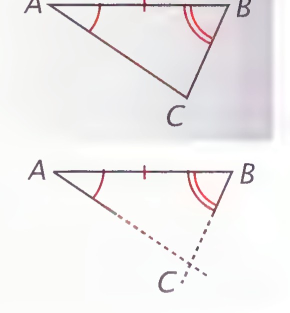 Triangle ABC with side AB and base angles A and B marked, then the same triangle with its sides extended to meet at C.