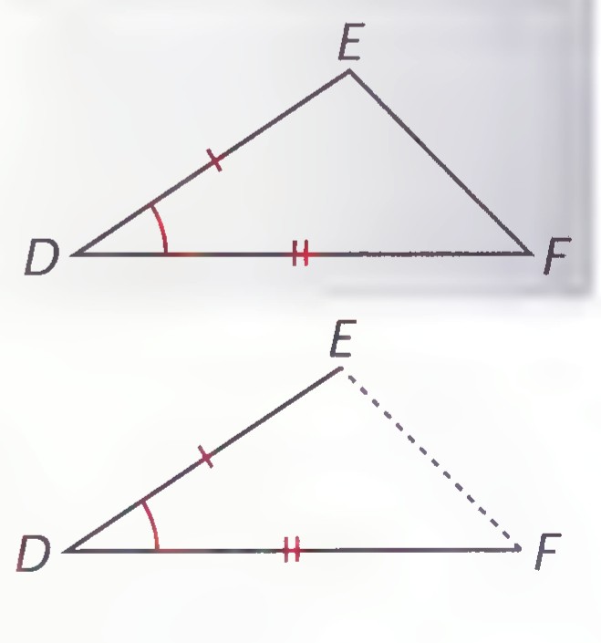 Triangle DEF with angle D and sides DE and DF marked, then the same triangle completed by joining E and F.