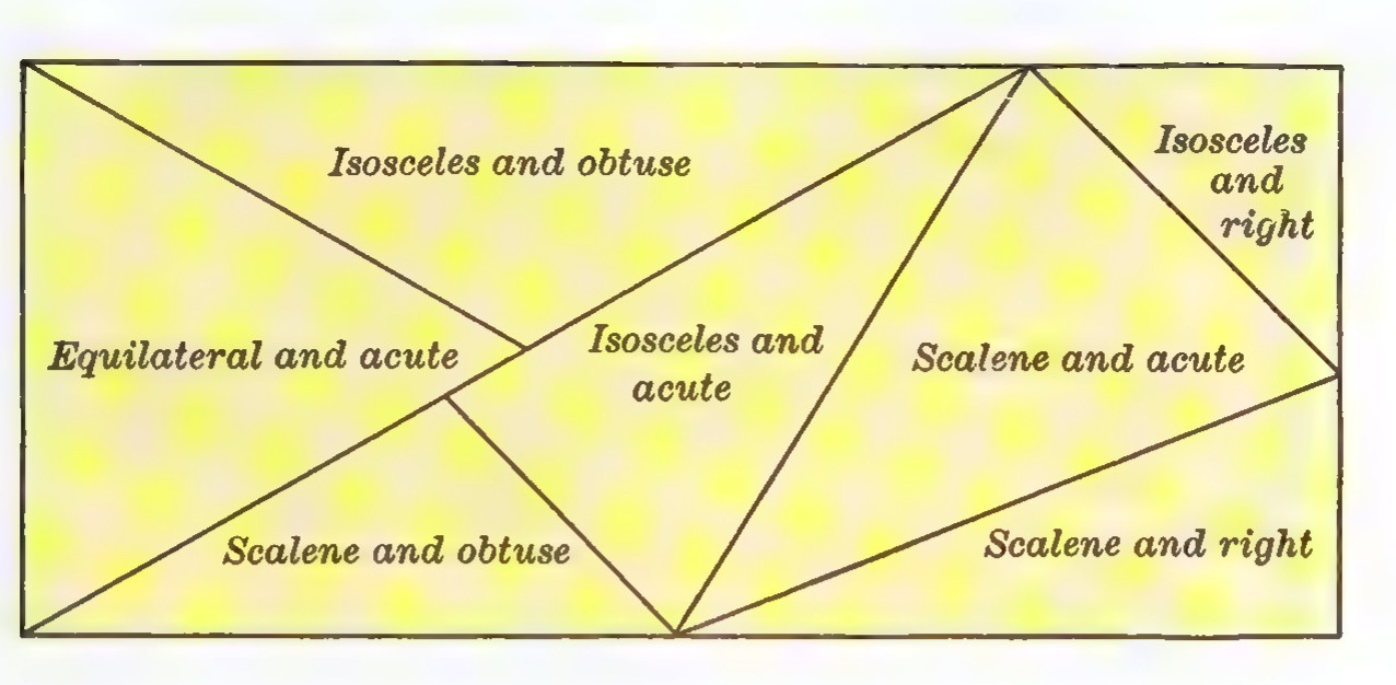 A rectangle divided into six triangles labeled Equilateral and acute, Isosceles and obtuse, Isosceles and acute, Scalene and acute, Scalene and obtuse, and Isosceles and right.