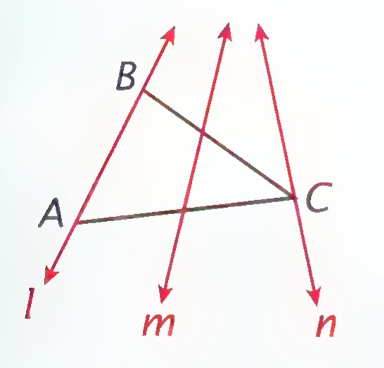 Triangle ABC with three lines l, m, and n crossing it, each line containing one or more vertices.