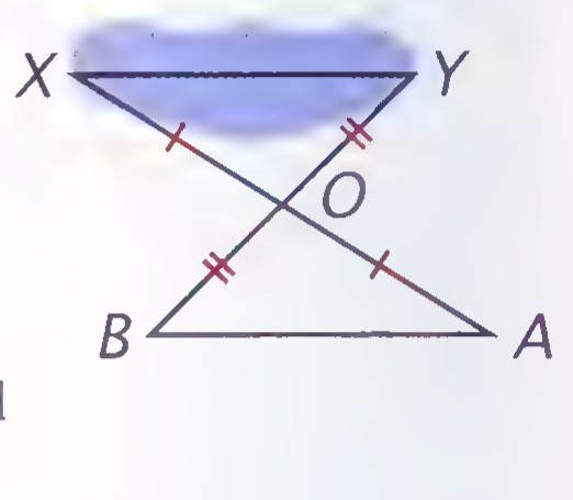 Two crossing segments XY and AB meeting at O, with tick marks showing XO = OA and YO = OB, over a blue pond shape.