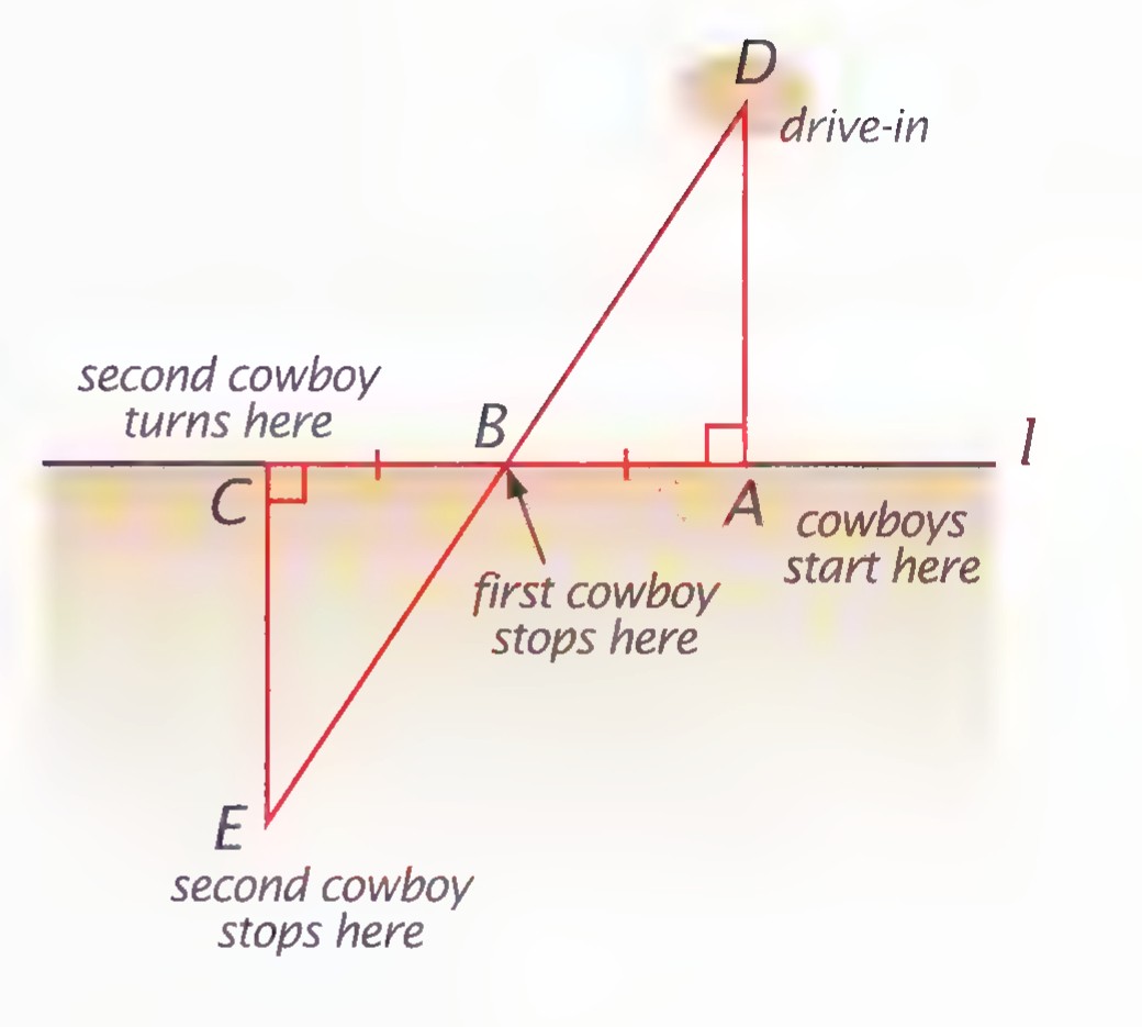 A diagram of the cowboys’ method: line AD to the drive-in, a perpendicular line through A with B and C marked, and a line through C meeting a line from A at E.